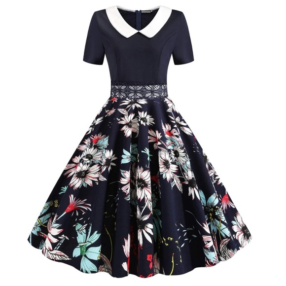 COPY - WERIDEDIRT Vintage Peter Pan Collar Fit & Flare A-Line Swing Dress Blue … - Picture 12 of 13